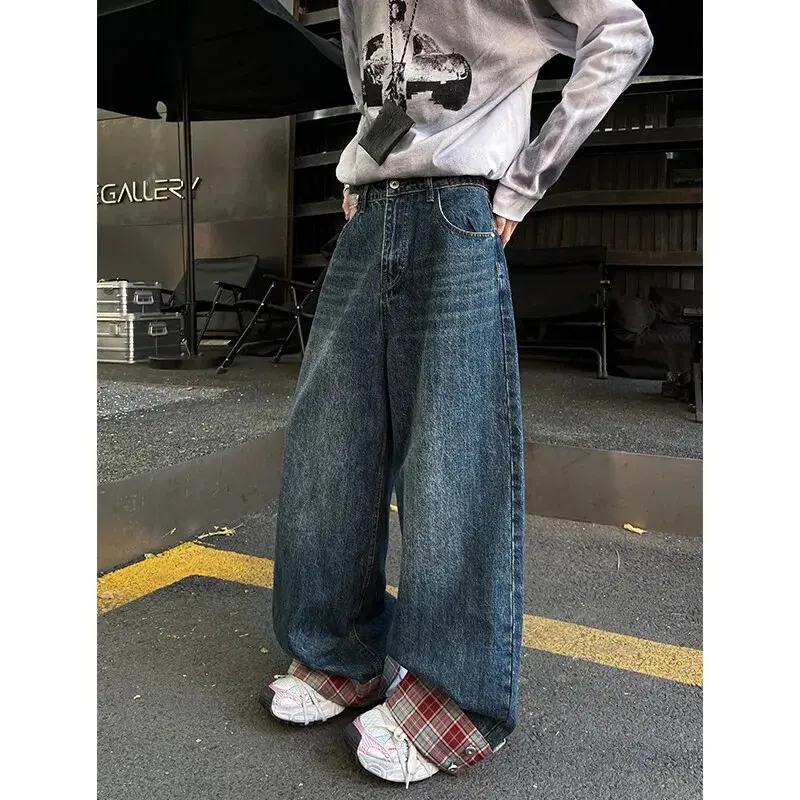 Casual Jeans Male Brand Wide Leg Blue Denim Pants 8XL-M Simple Vintage Outside High Street Denim Trousers Large Size