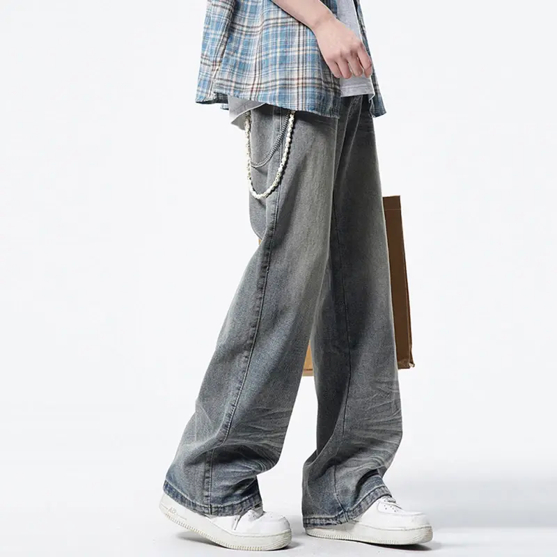 Summer New Male Jeans Straight Cat Whiskers Wide Leg Men's Denim Pants American Washed Nostalgic Design Bottoms Jeans for Men