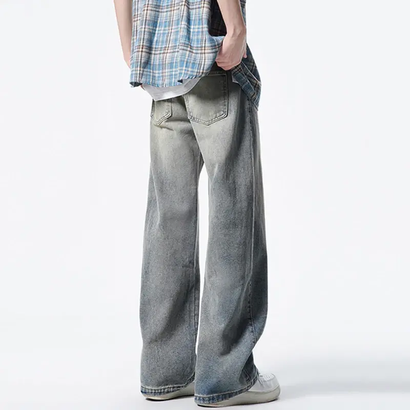 Summer New Male Jeans Straight Cat Whiskers Wide Leg Men's Denim Pants American Washed Nostalgic Design Bottoms Jeans for Men