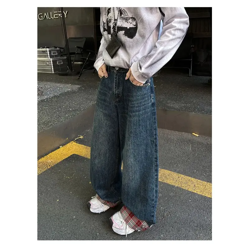 Casual Jeans Male Brand Wide Leg Blue Denim Pants 8XL-M Simple Vintage Outside High Street Denim Trousers Large Size
