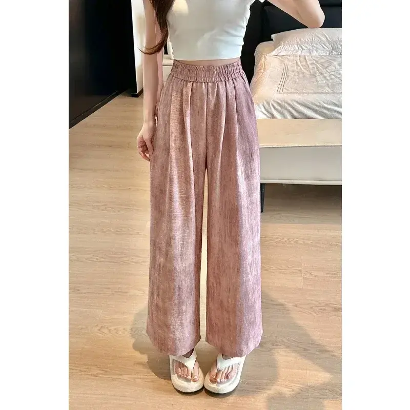 Tie-dye Cotton Linen Baggy Wide Leg Pants 8XL-M Women Casual Large Sizes High Waist Straight Pantalones Thin Ice Slik Sweatpants
