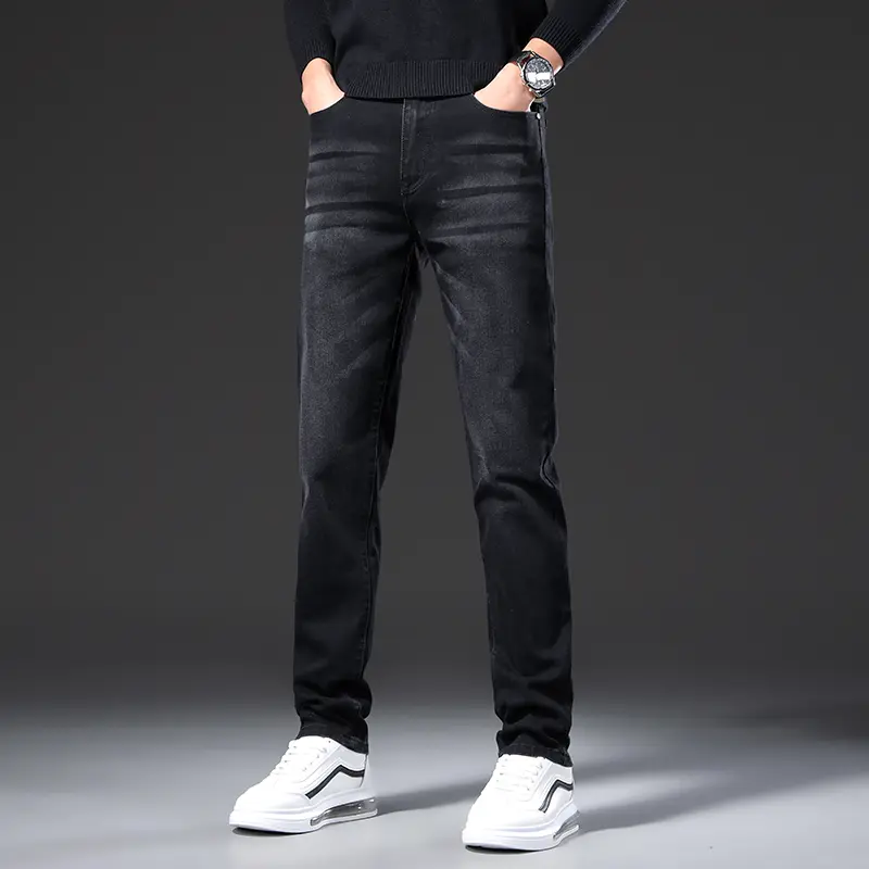 Mens Jeans Straight Slim Loose Elastic Mid-aged Thick Style Versatile Long Pants Jeans Print Cargo Jeans Baggy Hosen Denim Black