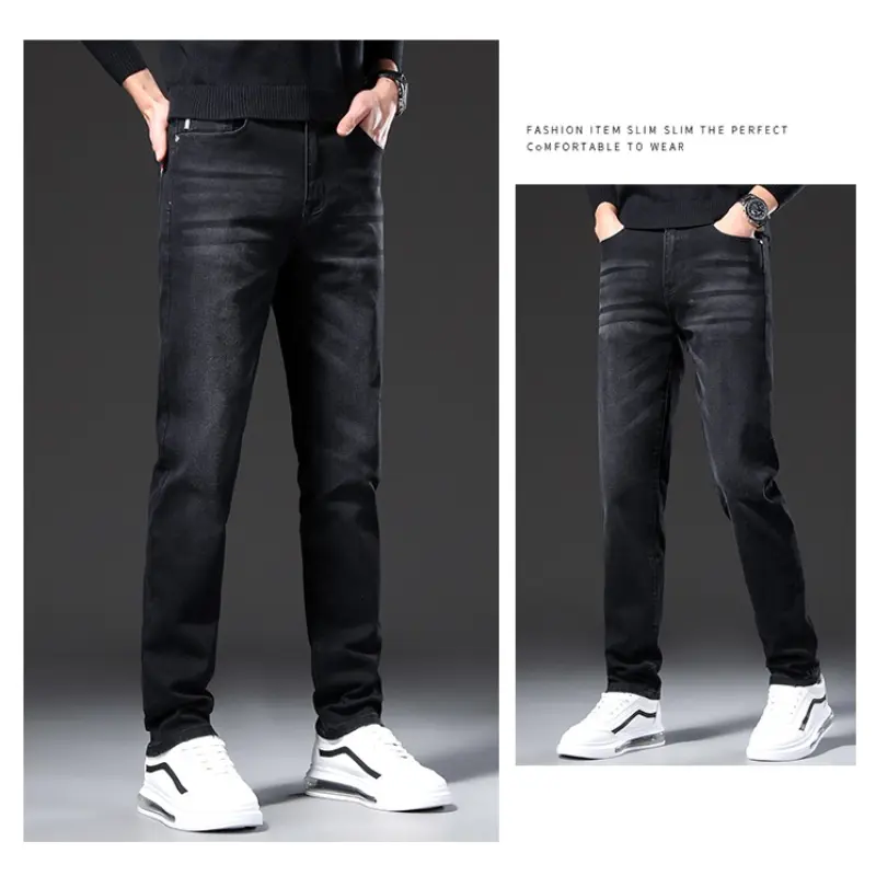 Mens Jeans Straight Slim Loose Elastic Mid-aged Thick Style Versatile Long Pants Jeans Print Cargo Jeans Baggy Hosen Denim Black