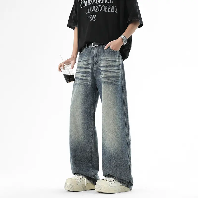 Four Seasons  Floor-length Jeans Solid-color Retro  Loose Straight-leg Pants, Workwear Casual  Pants for Men and Women   jeans