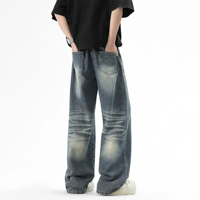 Four Seasons  Floor-length Jeans Solid-color Retro  Loose Straight-leg Pants, Workwear Casual  Pants for Men and Women   jeans