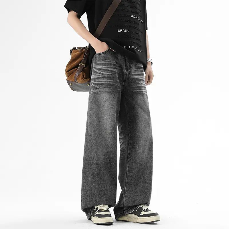 Four Seasons  Floor-length Jeans Solid-color Retro  Loose Straight-leg Pants, Workwear Casual  Pants for Men and Women   jeans