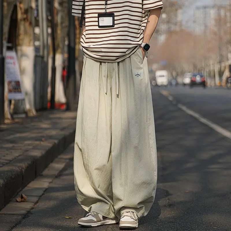 Summer Loose, Retro Floor-length Curved Knife Pants for Men Vintage Cotton  Wide Leg Casual Vintage Cotton Casual Solid Color