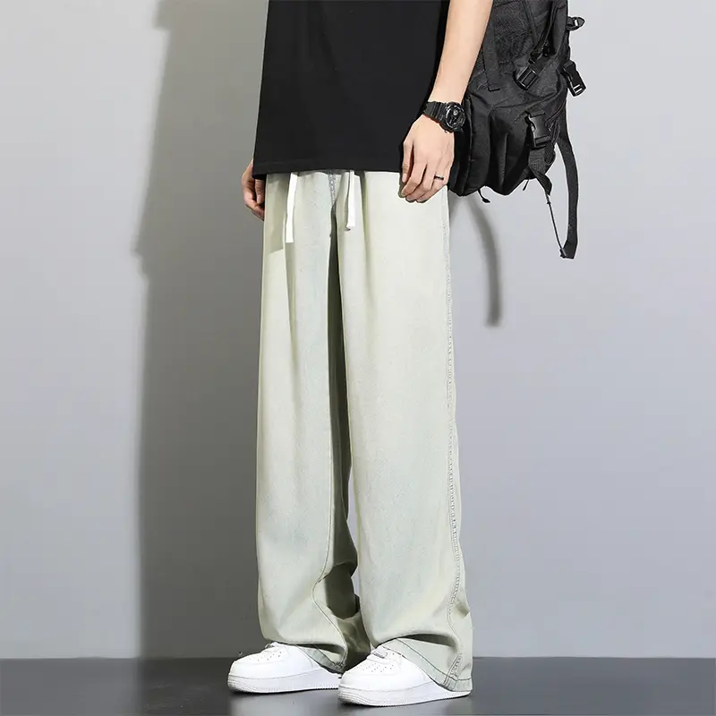Men's Wide Leg Jeans Thin Loose Drawstring Straight Vintage Wash Denim Pants Fashion Korean Style Streetwear Men Trousers Summer