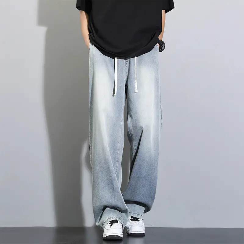 Men's Wide Leg Jeans Thin Loose Drawstring Straight Vintage Wash Denim Pants Fashion Korean Style Streetwear Men Trousers Summer