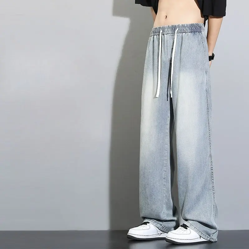 Men's Wide Leg Jeans Thin Loose Drawstring Straight Vintage Wash Denim Pants Fashion Korean Style Streetwear Men Trousers Summer