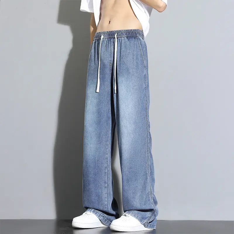 Men's Wide Leg Jeans Thin Loose Drawstring Straight Vintage Wash Denim Pants Fashion Korean Style Streetwear Men Trousers Summer