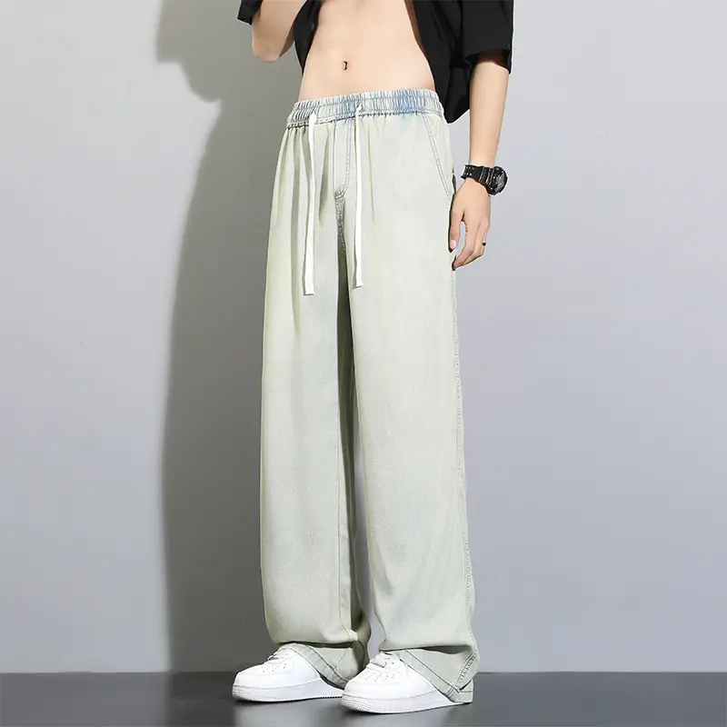 Men's Wide Leg Jeans Thin Loose Drawstring Straight Vintage Wash Denim Pants Fashion Korean Style Streetwear Men Trousers Summer