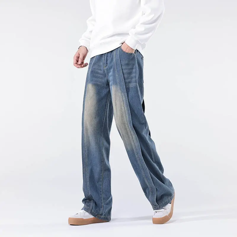 Baggy Jean Trousers 2025 New Men's Y2K Vintage Spliced Design Jeans High Street Wide-leg Denim Pants Autumn Hip Hop Fashion
