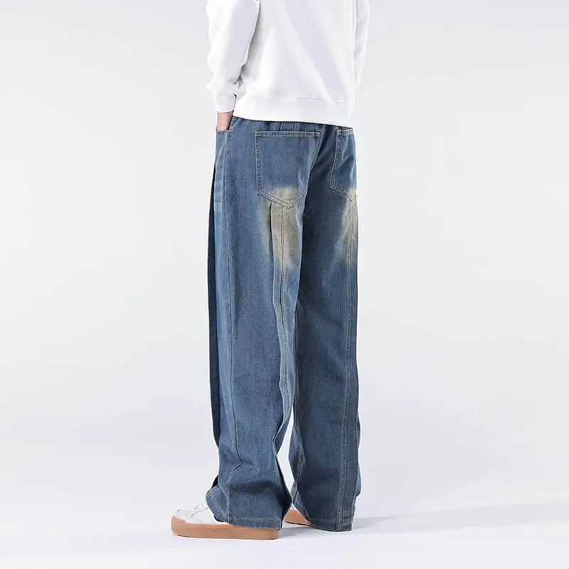 Baggy Jean Trousers 2025 New Men's Y2K Vintage Spliced Design Jeans High Street Wide-leg Denim Pants Autumn Hip Hop Fashion