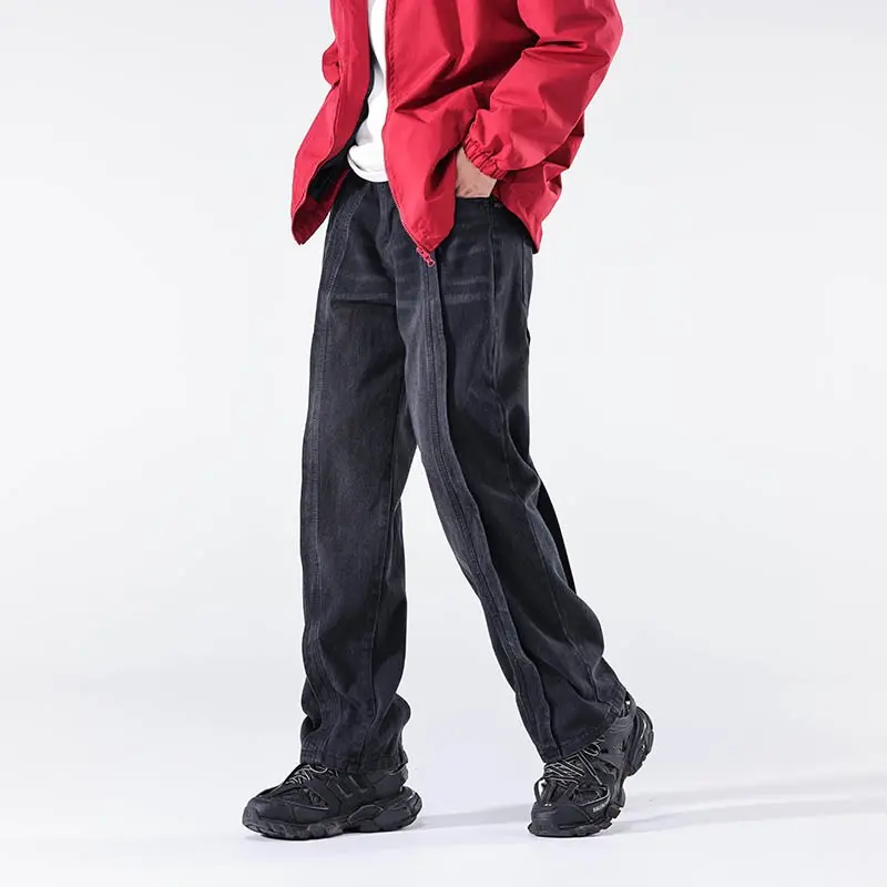 Baggy Jean Trousers 2025 New Men's Y2K Vintage Spliced Design Jeans High Street Wide-leg Denim Pants Autumn Hip Hop Fashion