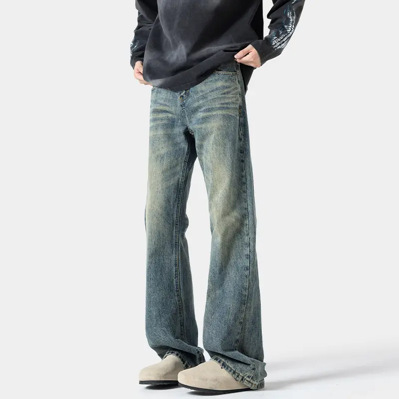 Spring Slightly Flared Floor-length Jeans Solid-color Retro Hong Kong-style Loose Straight-leg Pants Casual Pants for Men