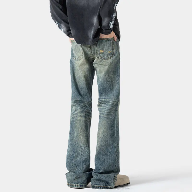 Spring Slightly Flared Floor-length Jeans Solid-color Retro Hong Kong-style Loose Straight-leg Pants Casual Pants for Men
