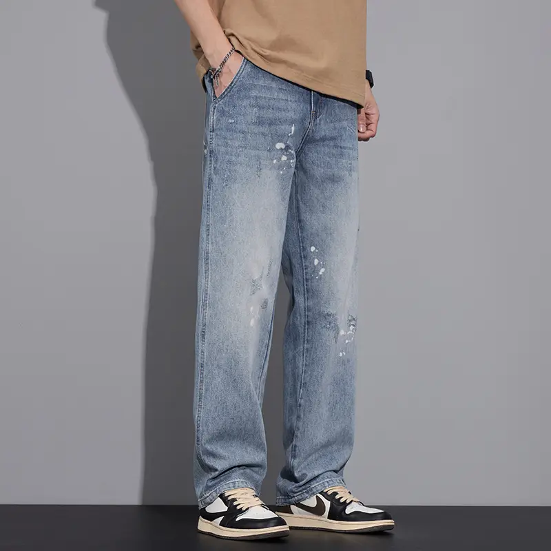 American Style Men's Denim Pants Splashed Ink Washed Jeans Contrast Color Straight Wide Leg Casual Male Trousers New Baggy Jeans