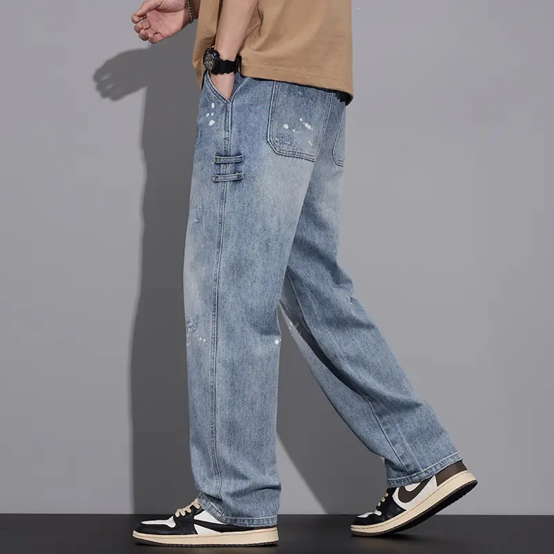 American Style Men's Denim Pants Splashed Ink Washed Jeans Contrast Color Straight Wide Leg Casual Male Trousers New Baggy Jeans