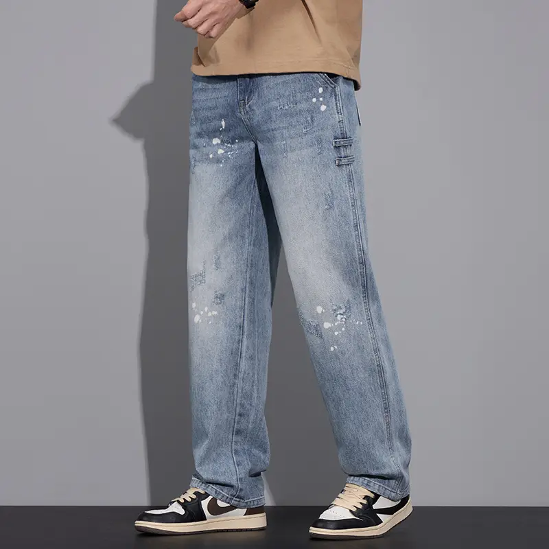 American Style Men's Denim Pants Splashed Ink Washed Jeans Contrast Color Straight Wide Leg Casual Male Trousers New Baggy Jeans