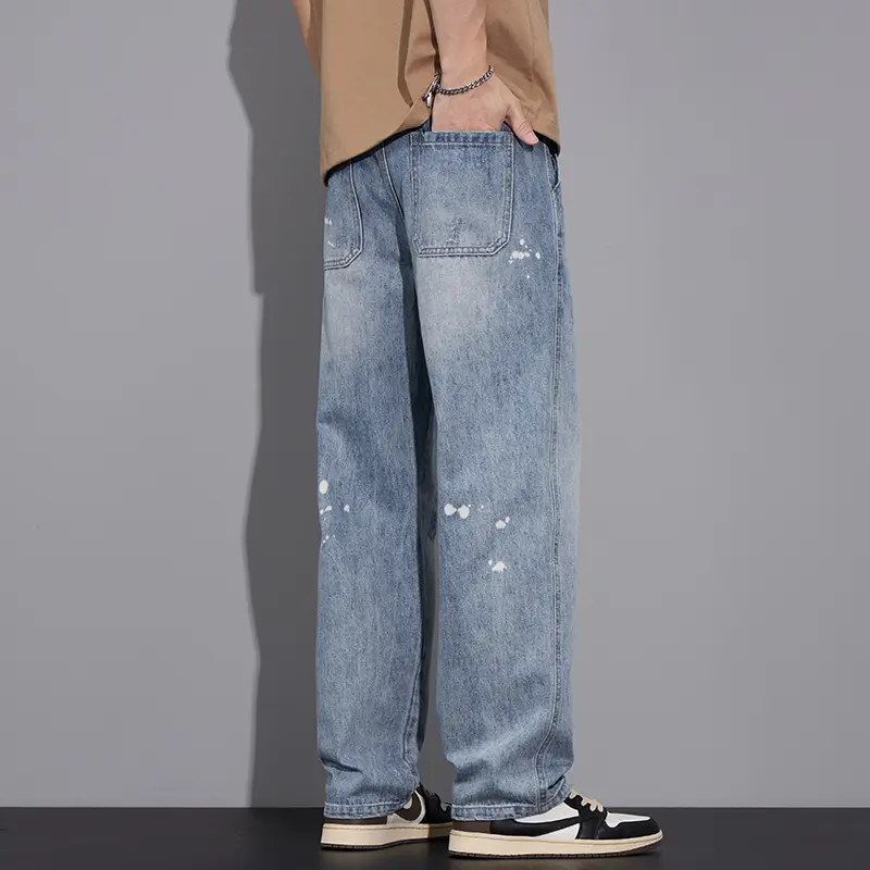 American Style Men's Denim Pants Splashed Ink Washed Jeans Contrast Color Straight Wide Leg Casual Male Trousers New Baggy Jeans