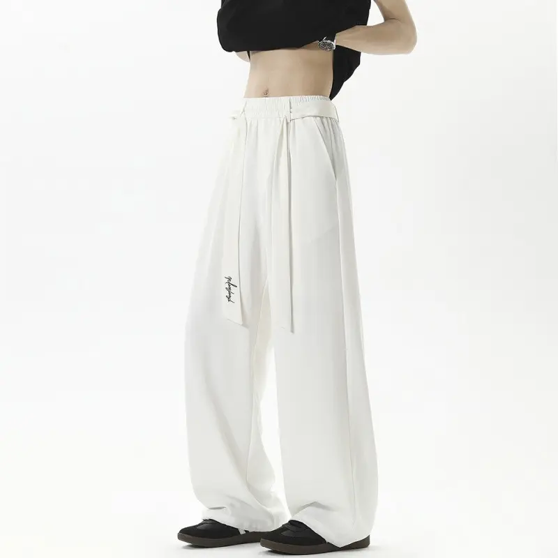 Men Casual Pants Ice Cold Sunscreen Summer Hong Kong Style Straight Dragging Pants Legs Buttoned Loose-fitting Vertical Trousers
