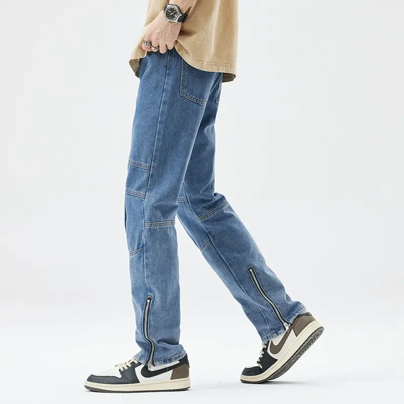 Denim Straight Ankle Length Pants Men Jean Washed Zipper Fly Jeans Loose Fit Solid Pockets High Street Vintage Spliced