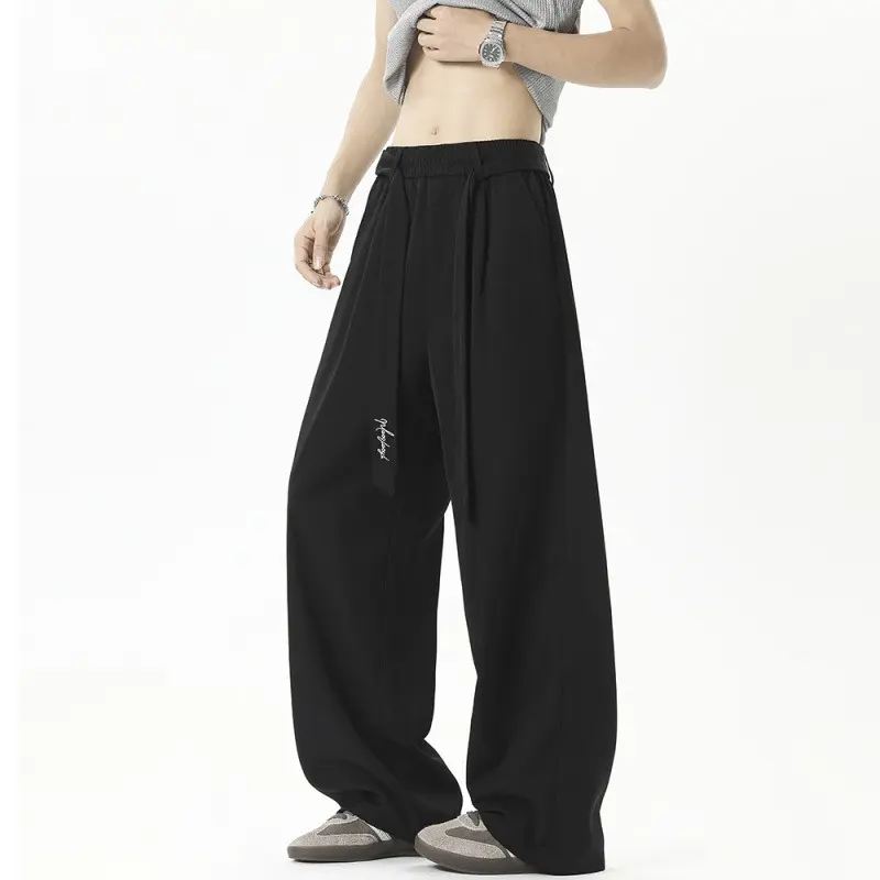 Men Casual Pants Ice Cold Sunscreen Summer Hong Kong Style Straight Dragging Pants Legs Buttoned Loose-fitting Vertical Trousers