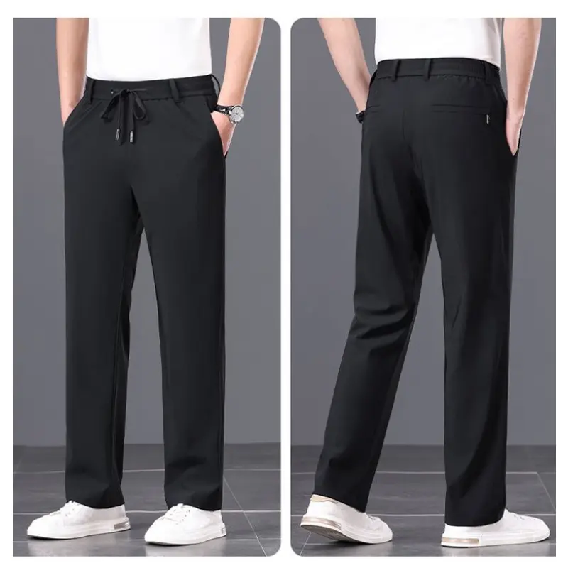 Men's Casual Pants Straight Fit Elastic Waist Trouser Male Classic Office Stretch Zipper Pocket  Summer Men's Tracksuit Pants