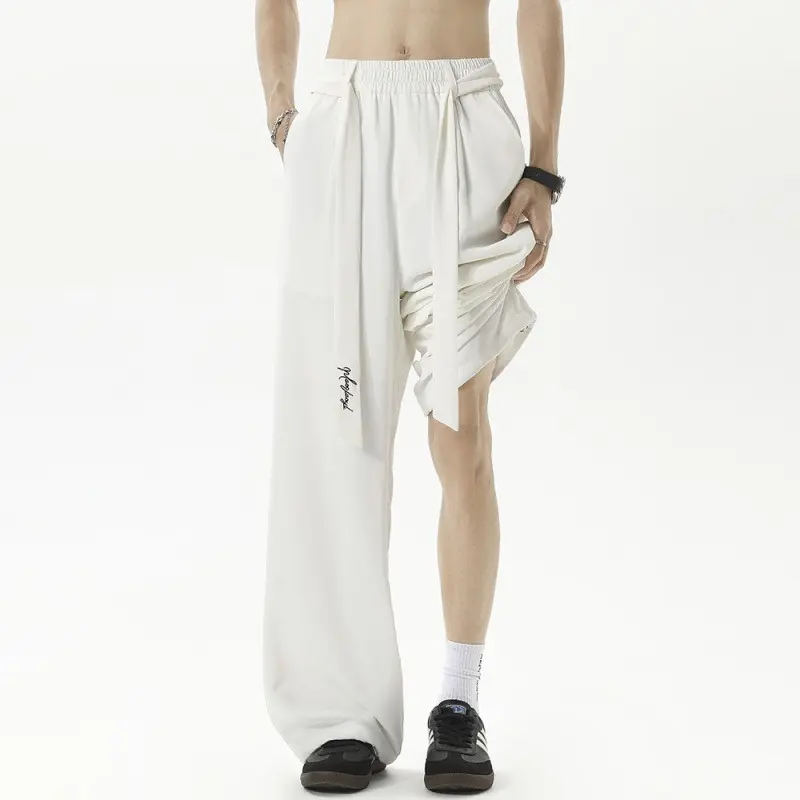 Men Casual Pants Ice Cold Sunscreen Summer Hong Kong Style Straight Dragging Pants Legs Buttoned Loose-fitting Vertical Trousers