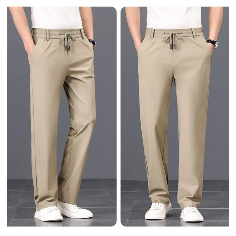 Men's Casual Pants Straight Fit Elastic Waist Trouser Male Classic Office Stretch Zipper Pocket  Summer Men's Tracksuit Pants
