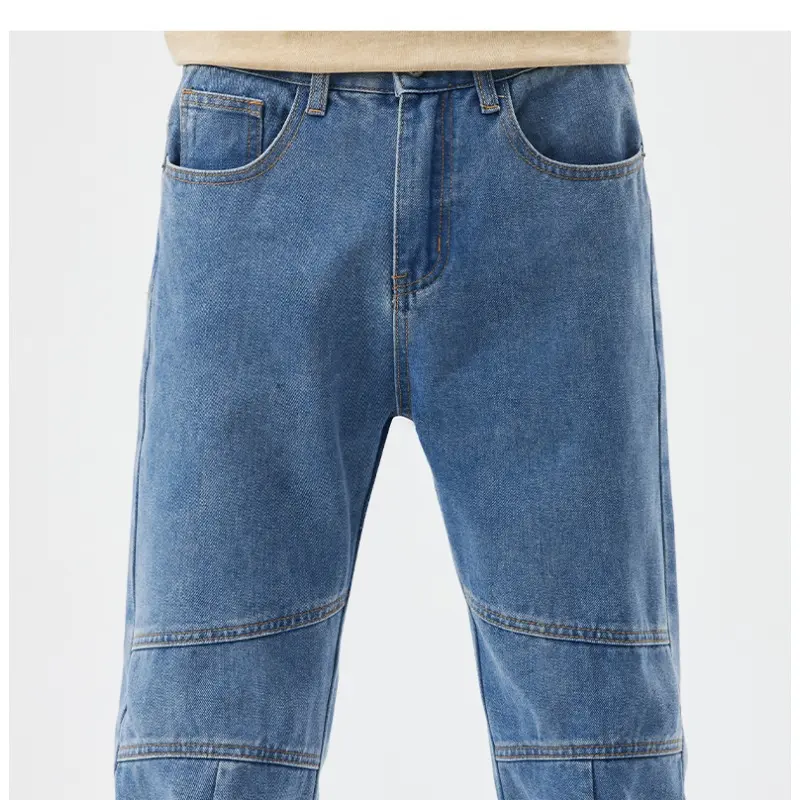 Denim Straight Ankle Length Pants Men Jean Washed Zipper Fly Jeans Loose Fit Solid Pockets High Street Vintage Spliced