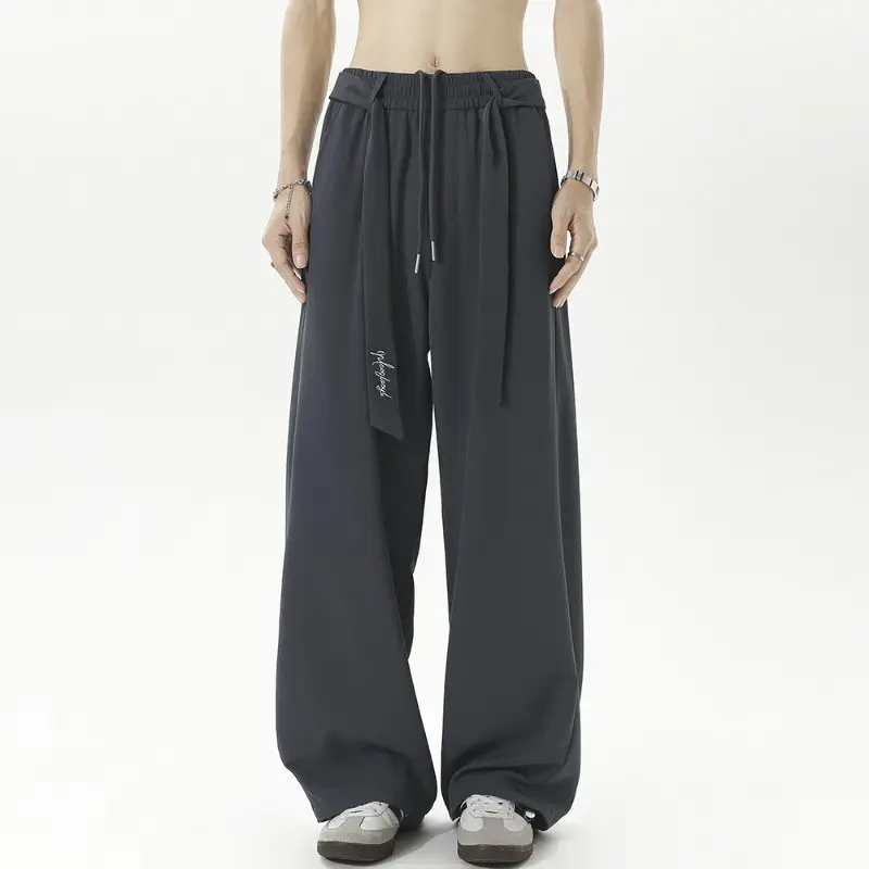 Men Casual Pants Ice Cold Sunscreen Summer Hong Kong Style Straight Dragging Pants Legs Buttoned Loose-fitting Vertical Trousers