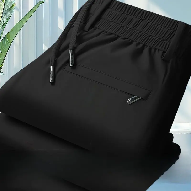 Men's Casual Pants Straight Fit Elastic Waist Trouser Male Classic Office Stretch Zipper Pocket  Summer Men's Tracksuit Pants