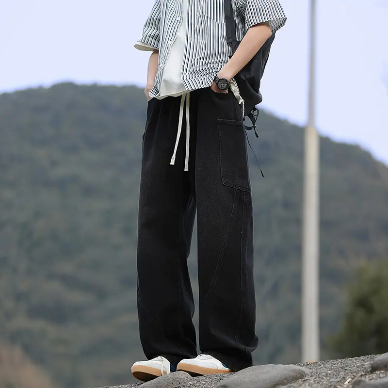 Streetwear Fashion Baggy Jeans Men Vintage Washed Straight Elastic Waist Wide-leg Pants Youth Trendy Y2k Casual Denim Trousers