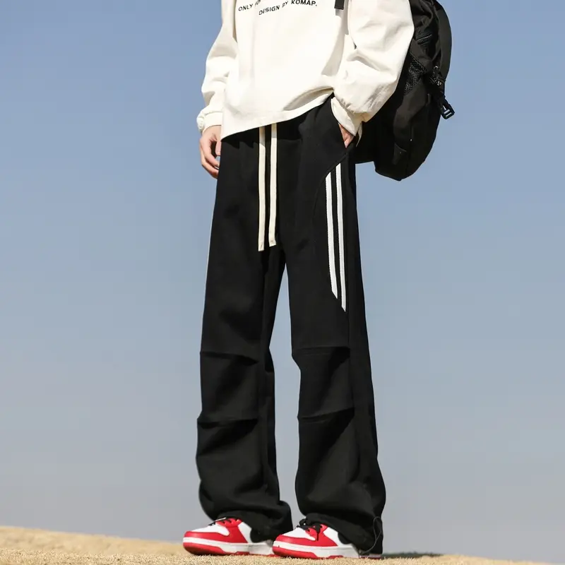 Men's Pants New Folded Three Bars Striped Loose Casual Trousers Straight Wide Leg American High Street Cargo Pants Men