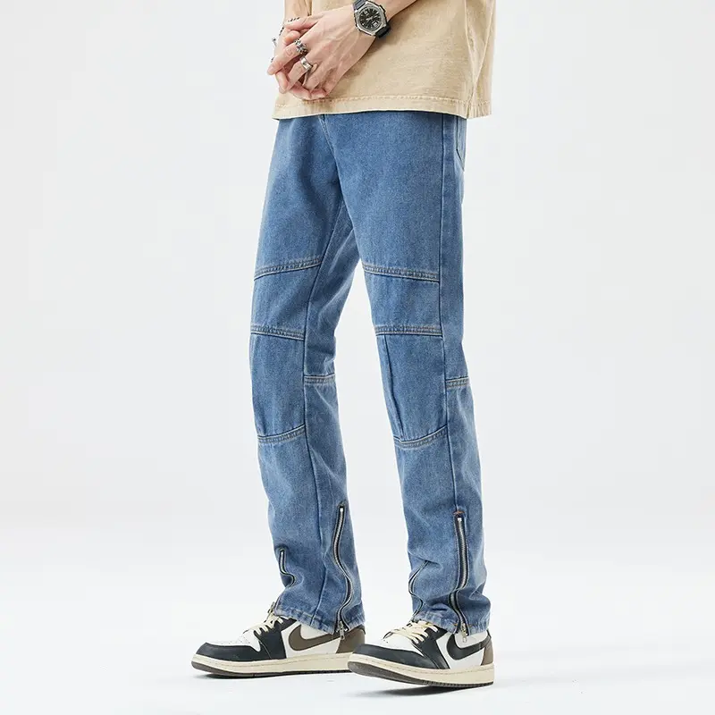 Denim Straight Ankle Length Pants Men Jean Washed Zipper Fly Jeans Loose Fit Solid Pockets High Street Vintage Spliced