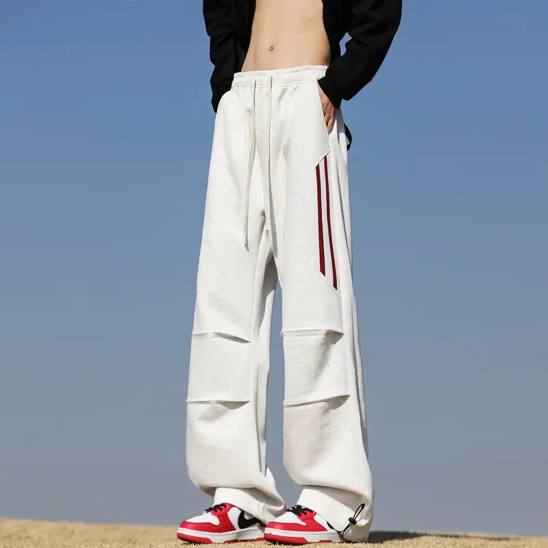 Men's Pants New Folded Three Bars Striped Loose Casual Trousers Straight Wide Leg American High Street Cargo Pants Men