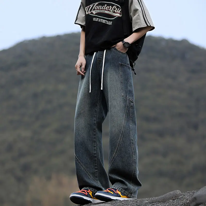 Streetwear Fashion Baggy Jeans Men Vintage Washed Straight Elastic Waist Wide-leg Pants Youth Trendy Y2k Casual Denim Trousers