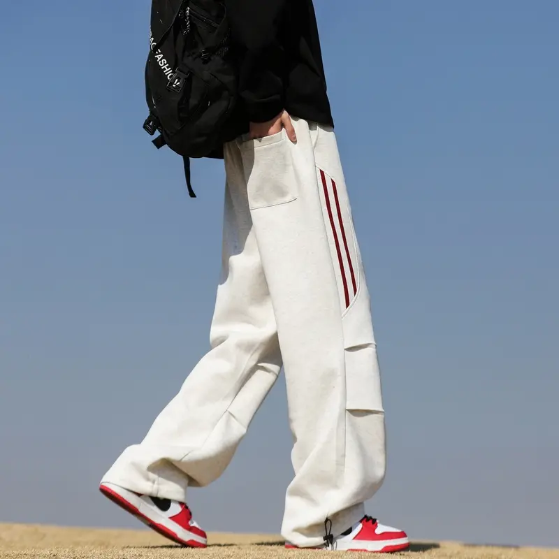 Men's Pants New Folded Three Bars Striped Loose Casual Trousers Straight Wide Leg American High Street Cargo Pants Men
