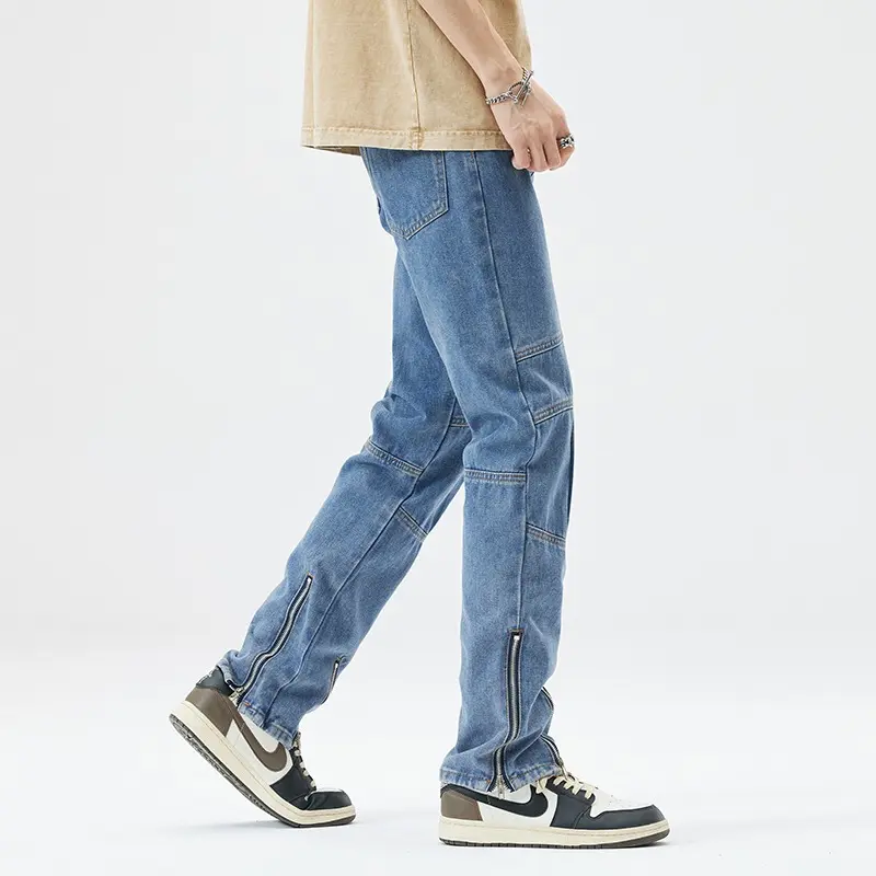 Denim Straight Ankle Length Pants Men Jean Washed Zipper Fly Jeans Loose Fit Solid Pockets High Street Vintage Spliced