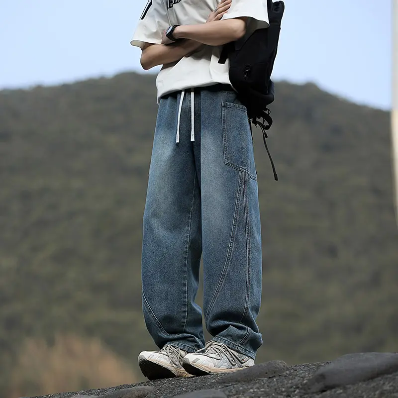 Streetwear Fashion Baggy Jeans Men Vintage Washed Straight Elastic Waist Wide-leg Pants Youth Trendy Y2k Casual Denim Trousers