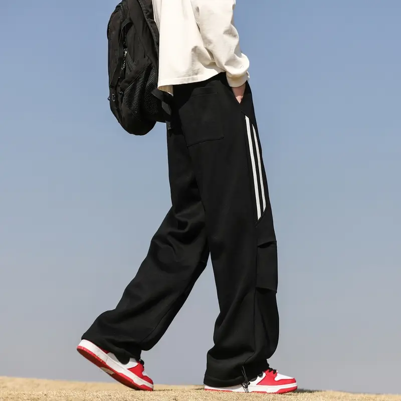 Men's Pants New Folded Three Bars Striped Loose Casual Trousers Straight Wide Leg American High Street Cargo Pants Men