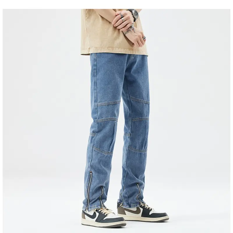 Denim Straight Ankle Length Pants Men Jean Washed Zipper Fly Jeans Loose Fit Solid Pockets High Street Vintage Spliced