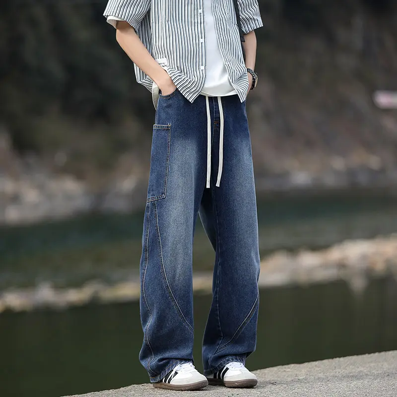 Streetwear Fashion Baggy Jeans Men Vintage Washed Straight Elastic Waist Wide-leg Pants Youth Trendy Y2k Casual Denim Trousers