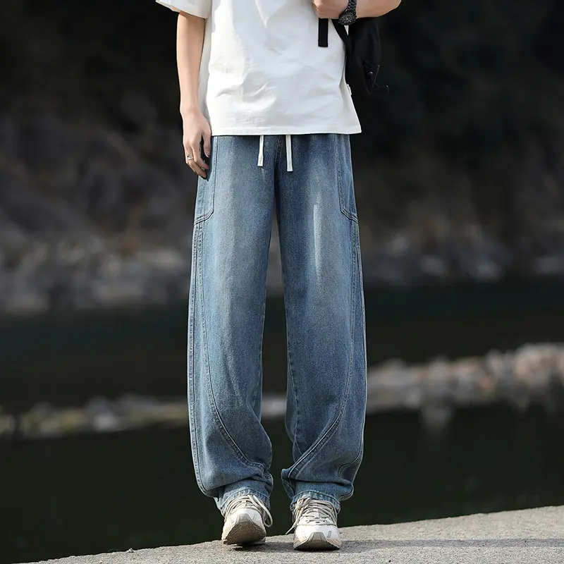 Streetwear Fashion Baggy Jeans Men Vintage Washed Straight Elastic Waist Wide-leg Pants Youth Trendy Y2k Casual Denim Trousers