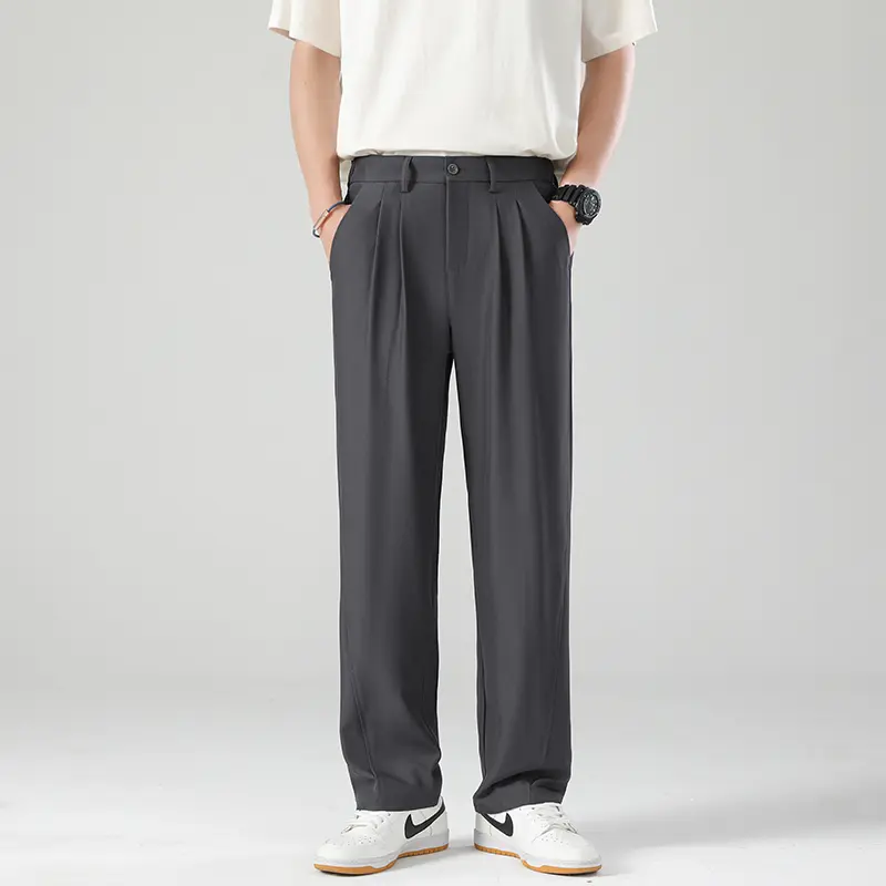 Male Casual Pants Trousers Summer Korean Men's Pants Light&Thin Polyester Elastic Waist Semi-Wide Loose Slacks Drape Suit
