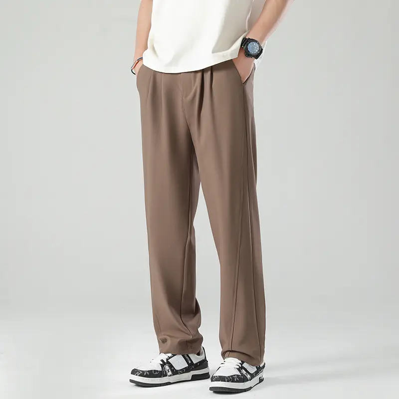 Male Casual Pants Trousers Summer Korean Men's Pants Light&Thin Polyester Elastic Waist Semi-Wide Loose Slacks Drape Suit