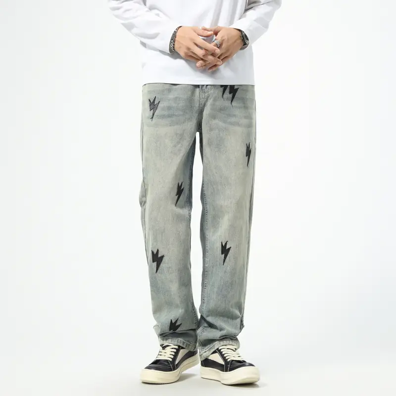 Lightning Print Men's Jeans Y2k Straight Washed Loose Casual Denim Trousers Streetwear Hip Hop Harajuku Couple Model Pants
