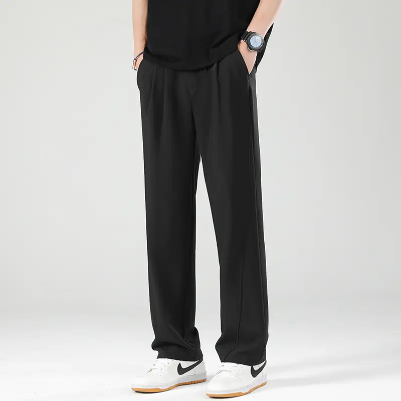 Male Casual Pants Trousers Summer Korean Men's Pants Light&Thin Polyester Elastic Waist Semi-Wide Loose Slacks Drape Suit
